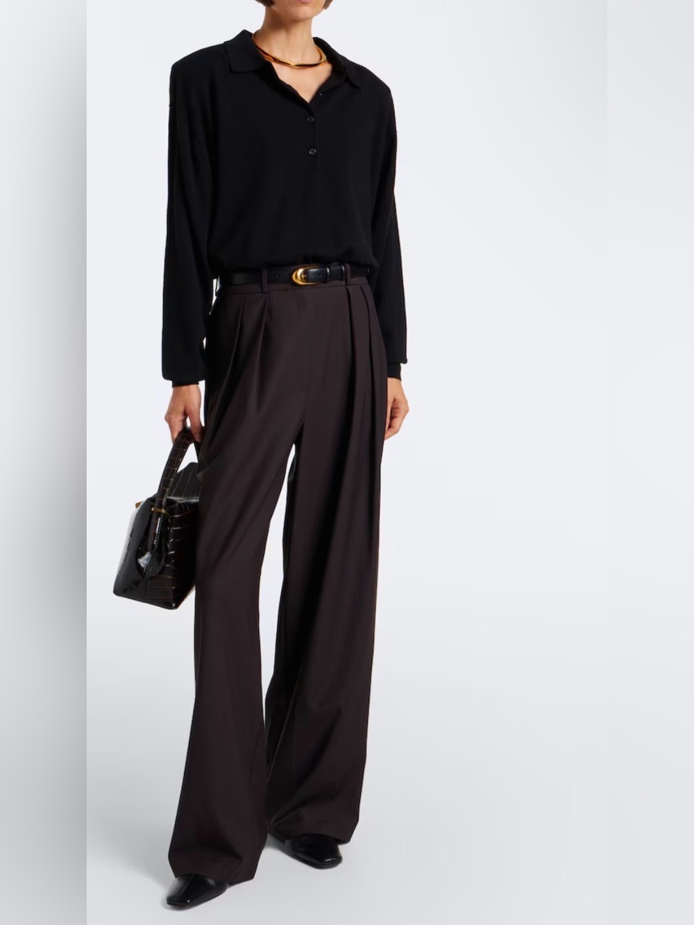 The Frankie Shop Wide-Leg Trousers in Dark Brown with Black Belt
